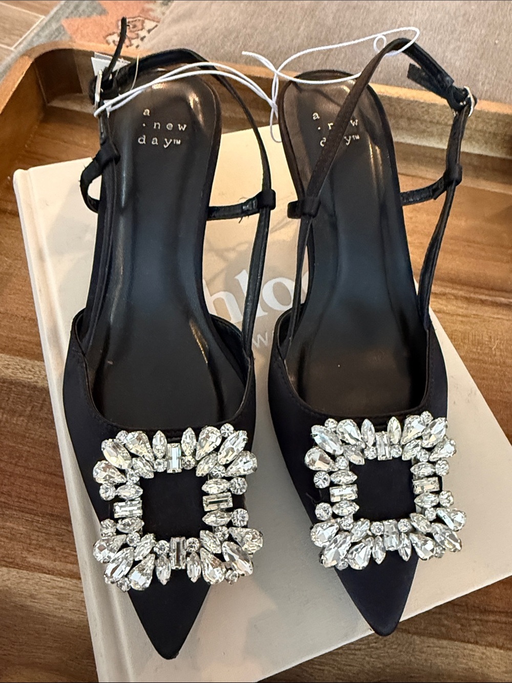 a new day Black Crystal Buckle Pointed Slingback Kitten Heels